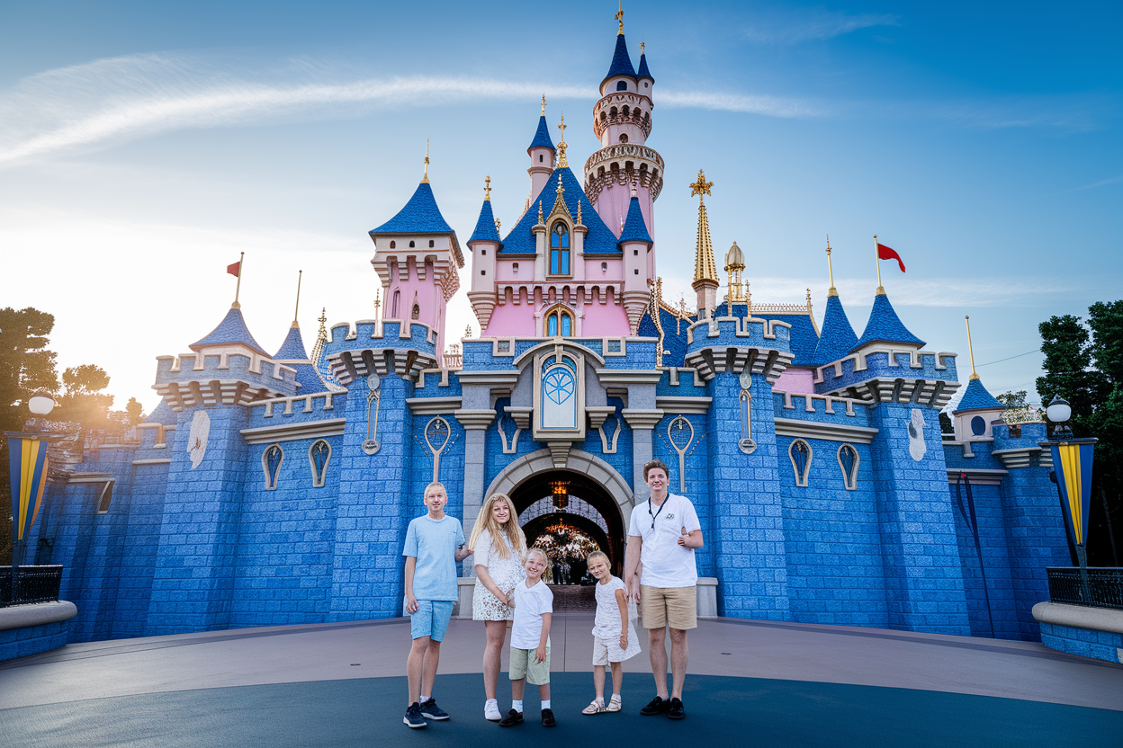 famille-chateau-disneyland-coucher-soleil