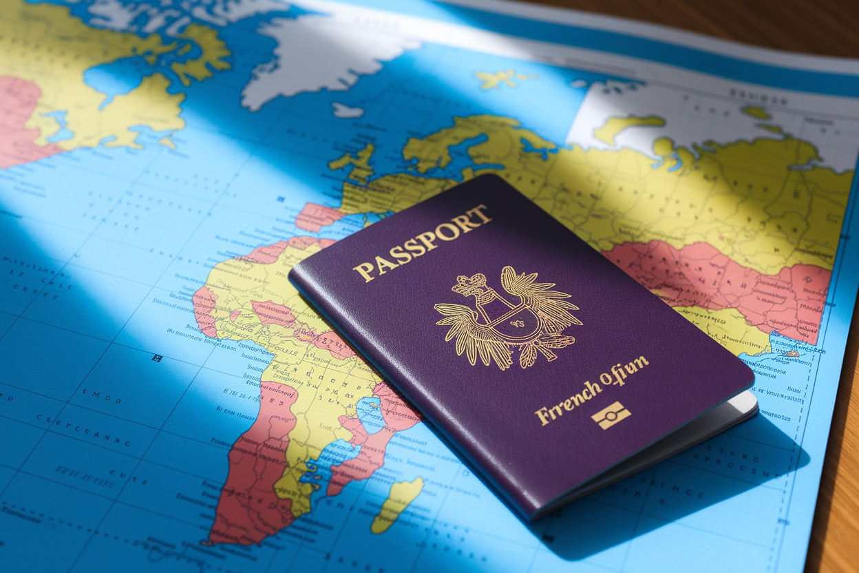 passeport-francais-table-bois-carte-monde-floue